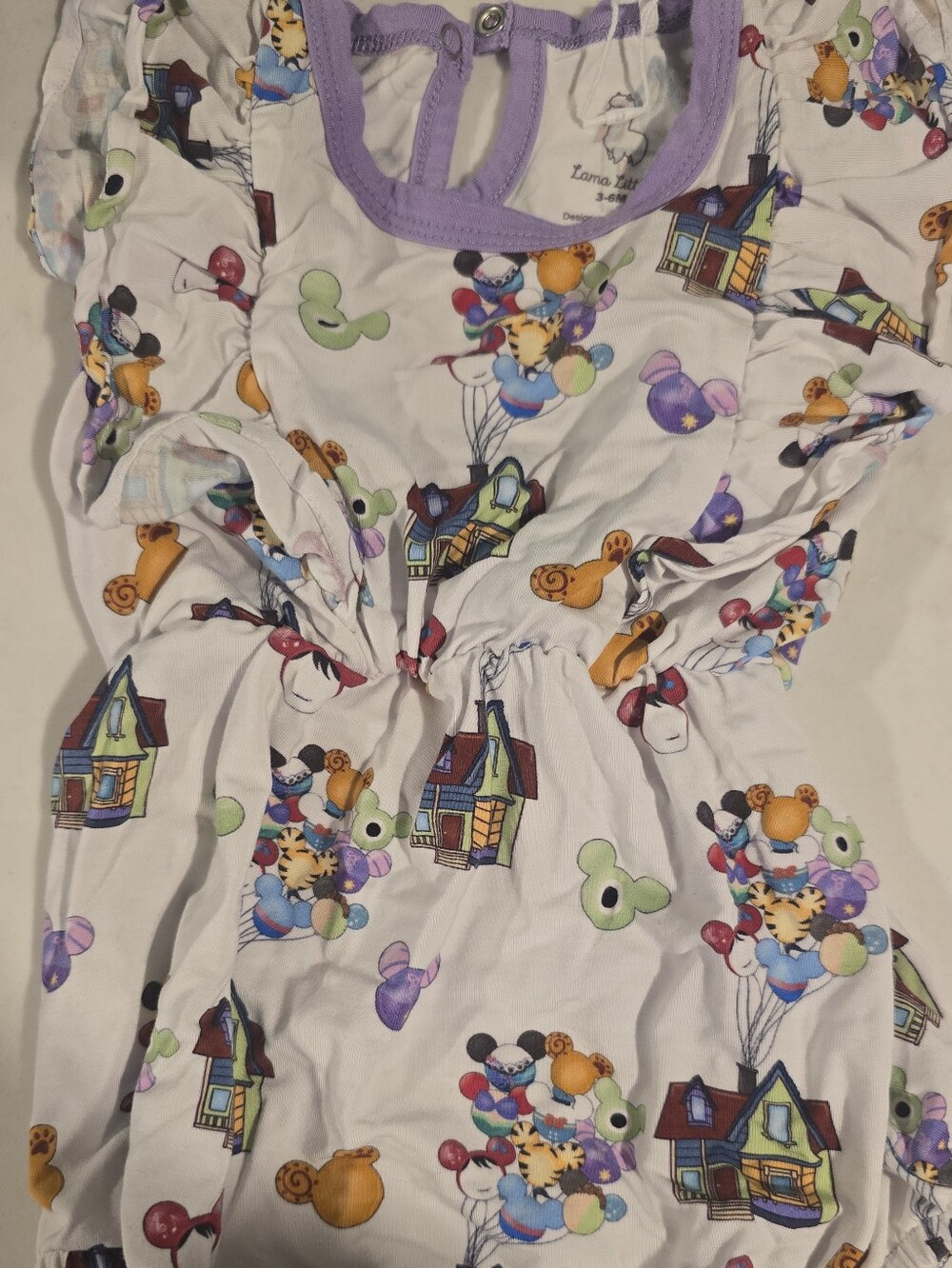 Cute Disney and Pixar Bubble Bamboo Romper with Purple Trim